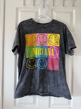 NIRVANA Black Vintage Wash Tee with Multicolor Smile Grid